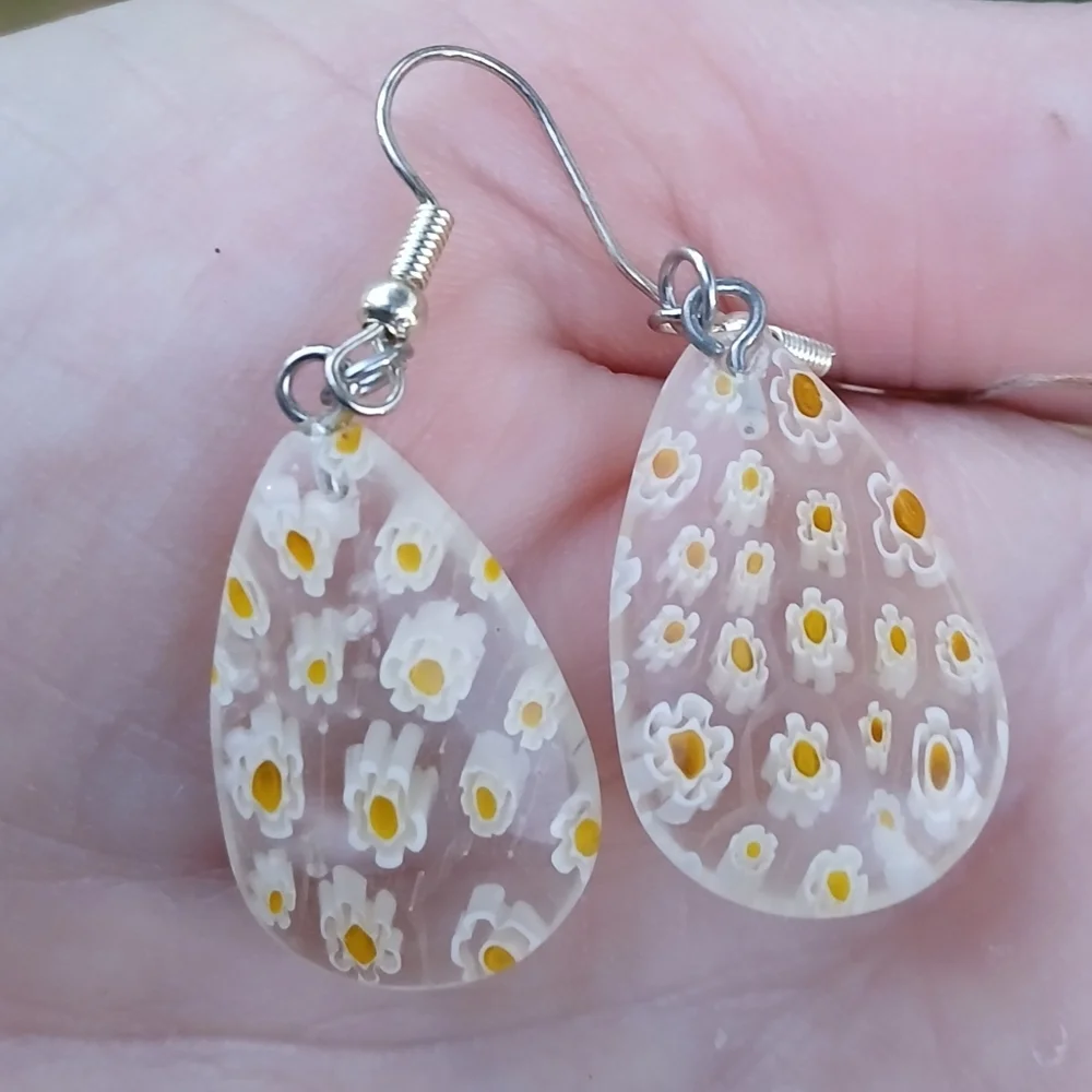 *Sale* New Pear Shape Yellow Millefiori Glass Earrings. - Picture 9 of 10